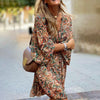 Plus Size Women's Floral Print V-Neck Dress With Drawstring Waist - Bohemian Knee-Length Summer Vacation Dress