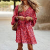 Plus Size Women's Floral Print V-Neck Dress With Drawstring Waist - Bohemian Knee-Length Summer Vacation Dress