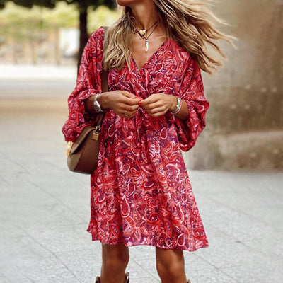 Plus Size Women's Floral Print V-Neck Dress With Drawstring Waist - Bohemian Knee-Length Summer Vacation Dress