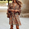 Plus Size Women's Floral Print V-Neck Dress With Drawstring Waist - Bohemian Knee-Length Summer Vacation Dress