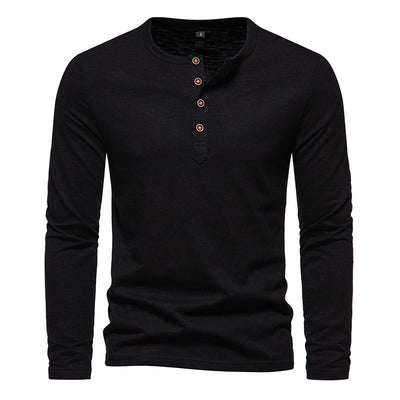 Winter New Long Sleeve T-shirt Men's Bamboo Cotton Solid Color Four Button Henry Collar Long Sleeve T-shirt Men
