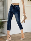 Women's Stretch Slim Fit Seven Quarter Denim Pants - High Stretch Frayed Edge Pocket Mid Waist Denim Seven Quarter Pants, Shallow Water Washed Blue Casual Elegant Versatile, Comfortable Fit, Durable C
