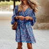 Plus Size Women's Floral Print V-Neck Dress With Drawstring Waist - Bohemian Knee-Length Summer Vacation Dress