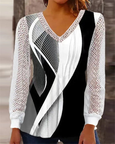 V-neck Loose Print Hollow-out Lace Tops