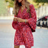Plus Size Women's Floral Print V-Neck Dress With Drawstring Waist - Bohemian Knee-Length Summer Vacation Dress