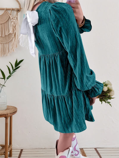 2025 New Women's Casual A-Line Long-Sleeve Dress With Butterfly Bow Details And Layered Design - Knee-Length Elegant Dress For Spring And Autumn