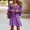 Plus Size Women's Floral Print V-Neck Dress With Drawstring Waist - Bohemian Knee-Length Summer Vacation Dress