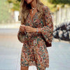 Plus Size Women's Floral Print V-Neck Dress With Drawstring Waist - Bohemian Knee-Length Summer Vacation Dress