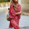 Plus Size Women's Floral Print V-Neck Dress With Drawstring Waist - Bohemian Knee-Length Summer Vacation Dress